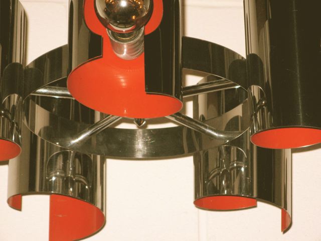 Chrome and Red Enamel Five Arm Pendant 